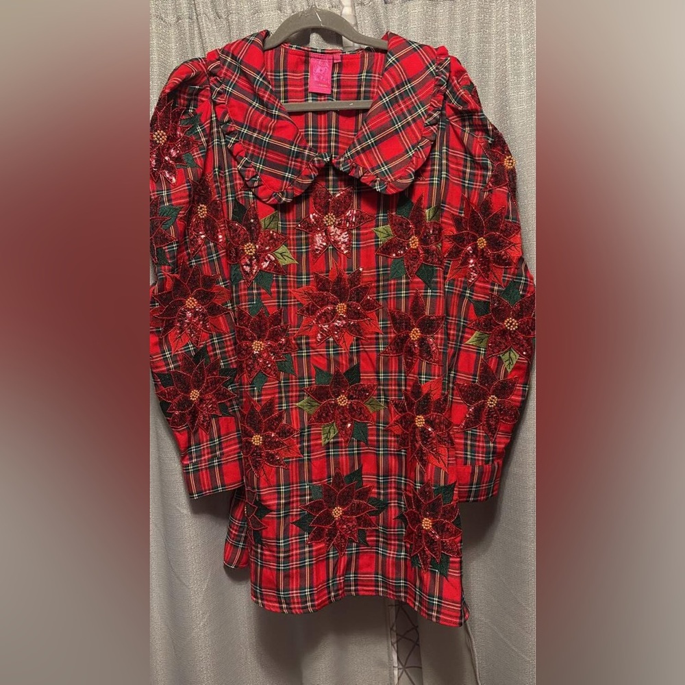 BNWOT QUEEN OF SPARKLES Red Plaid Mini Dress Poinsettia Christmas size L